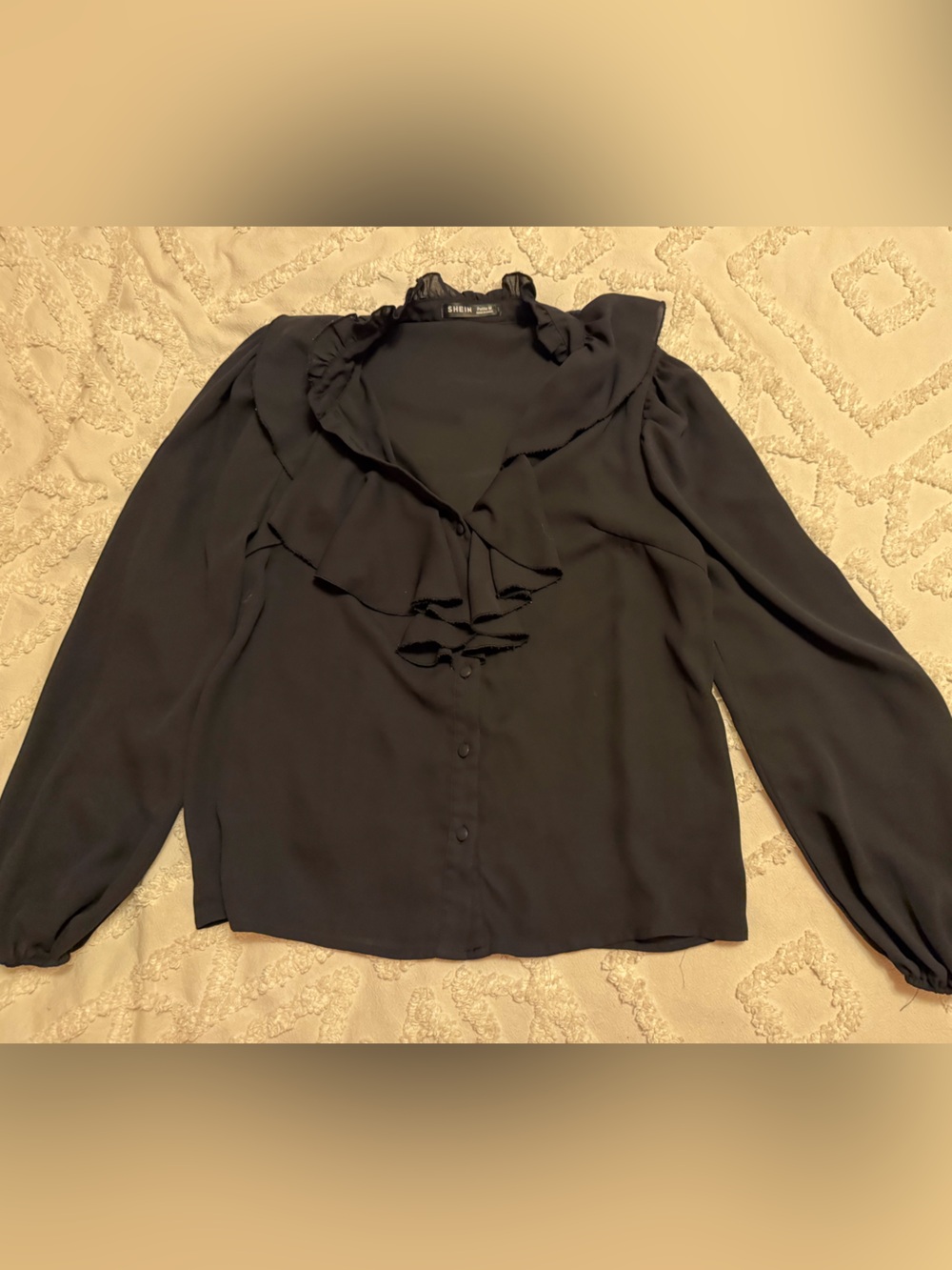 SHEIN Black Ruffle-Front Button-Down Blouse